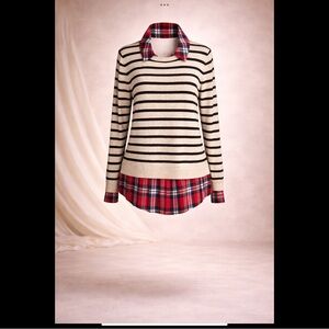 intro. Cream & Black Striped Layered Sweater with Red Plaid Shirt Hem